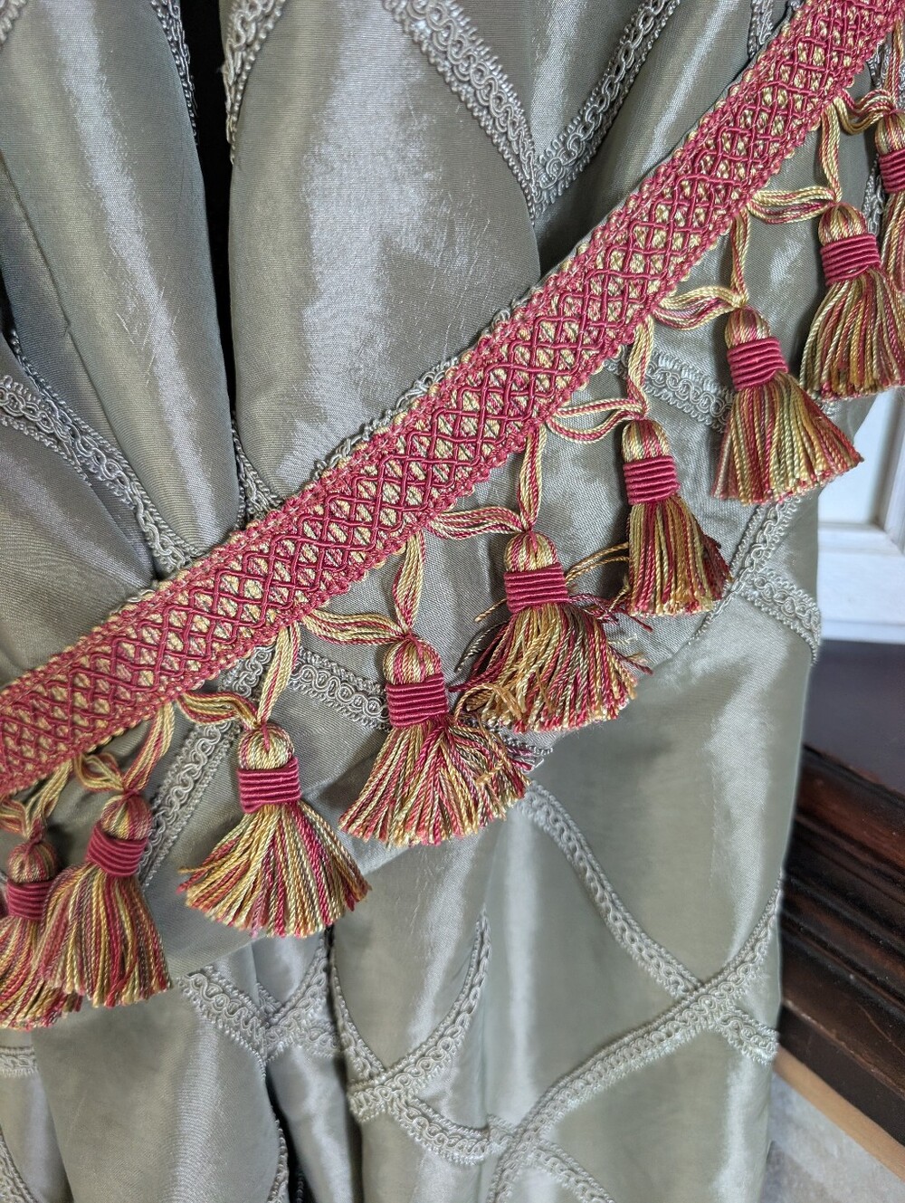 Custom Curtain Panels (2) Green Satin 100W x 87L Cotton Lined Tie Backs Tassel - Picture 11 of 14